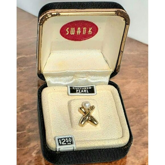 Vintage Swank Tie Tack Bowling Pins Cultured Pearl Ball Gold Tone Original Box - Picture 1 of 6